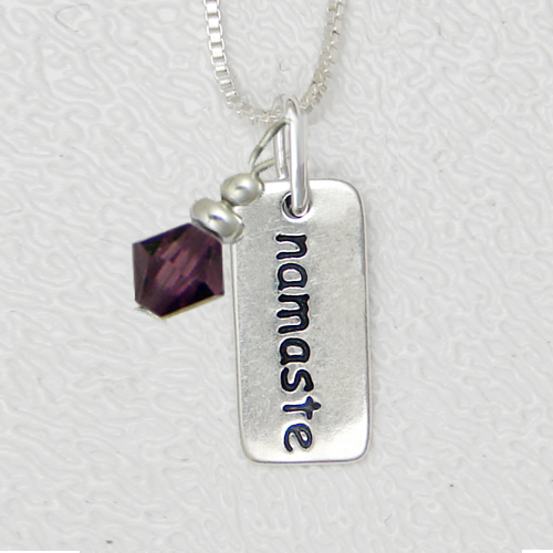 Sterling Silver Petite Namaste Tag Pendant With Purple Crystal